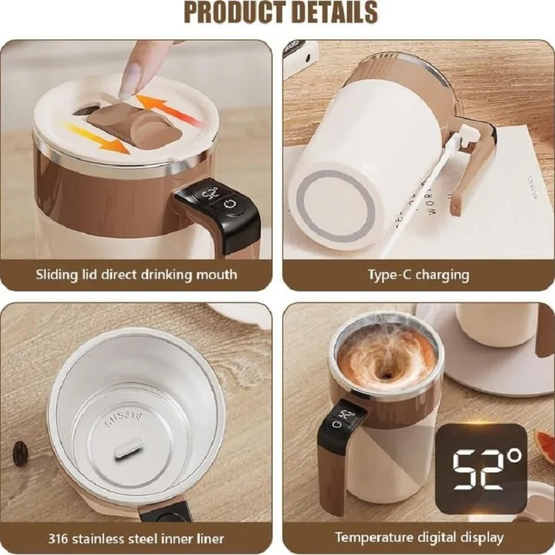 Taza Autoagitadora Recargable 400 ml con Pantalla de Temperatura | Mezclador Magnético de Acero Inoxidable